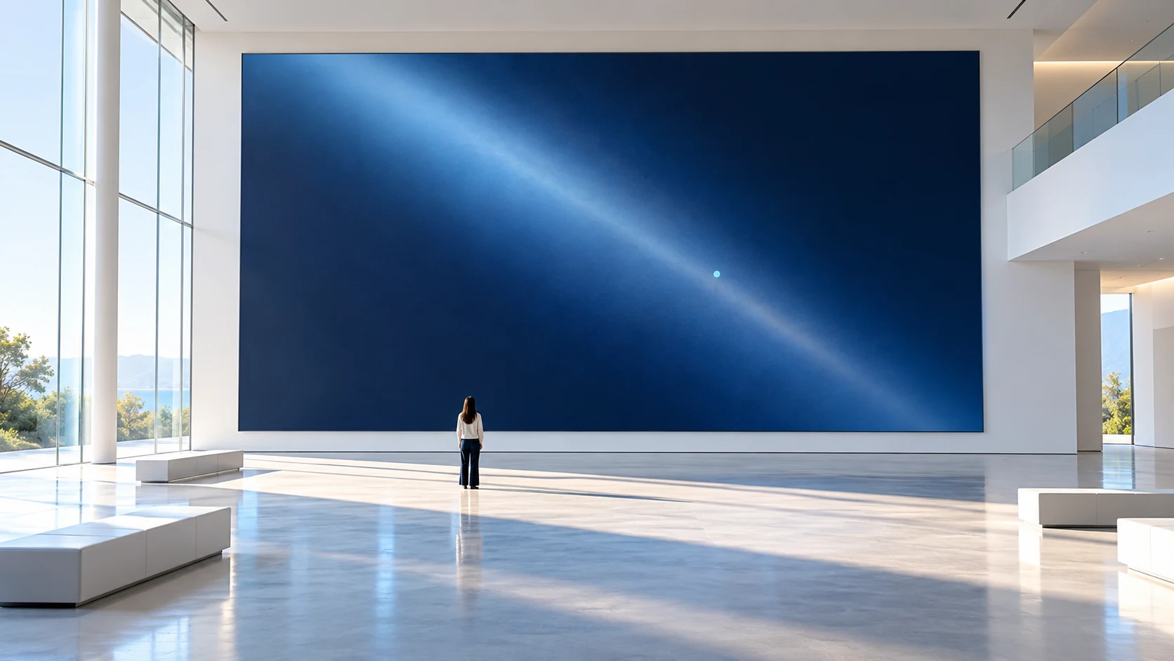 A tiny pale-blue light point appears in a diagonal beam on a large navy art panel within a bright gallery.
