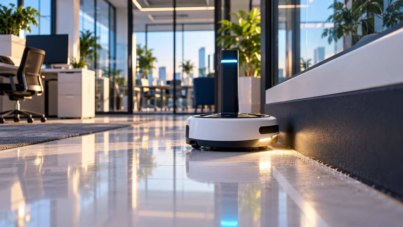 A white-and-navy wheeled maintenance robot pauses beside an office floor edge under an inspection light.