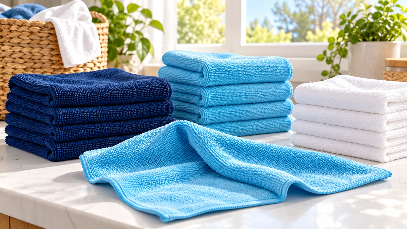 Separate cyan, navy and white microfiber-cloth stacks on a bright laundry surface.