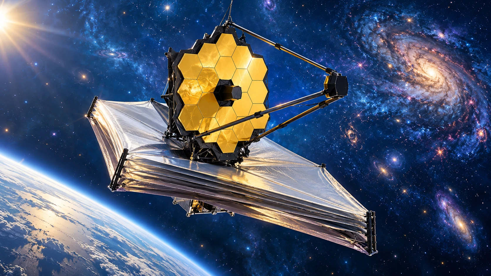 A gold hexagonal telescope mirror rises above layered silver sunshield sheets in a blue space illustration.