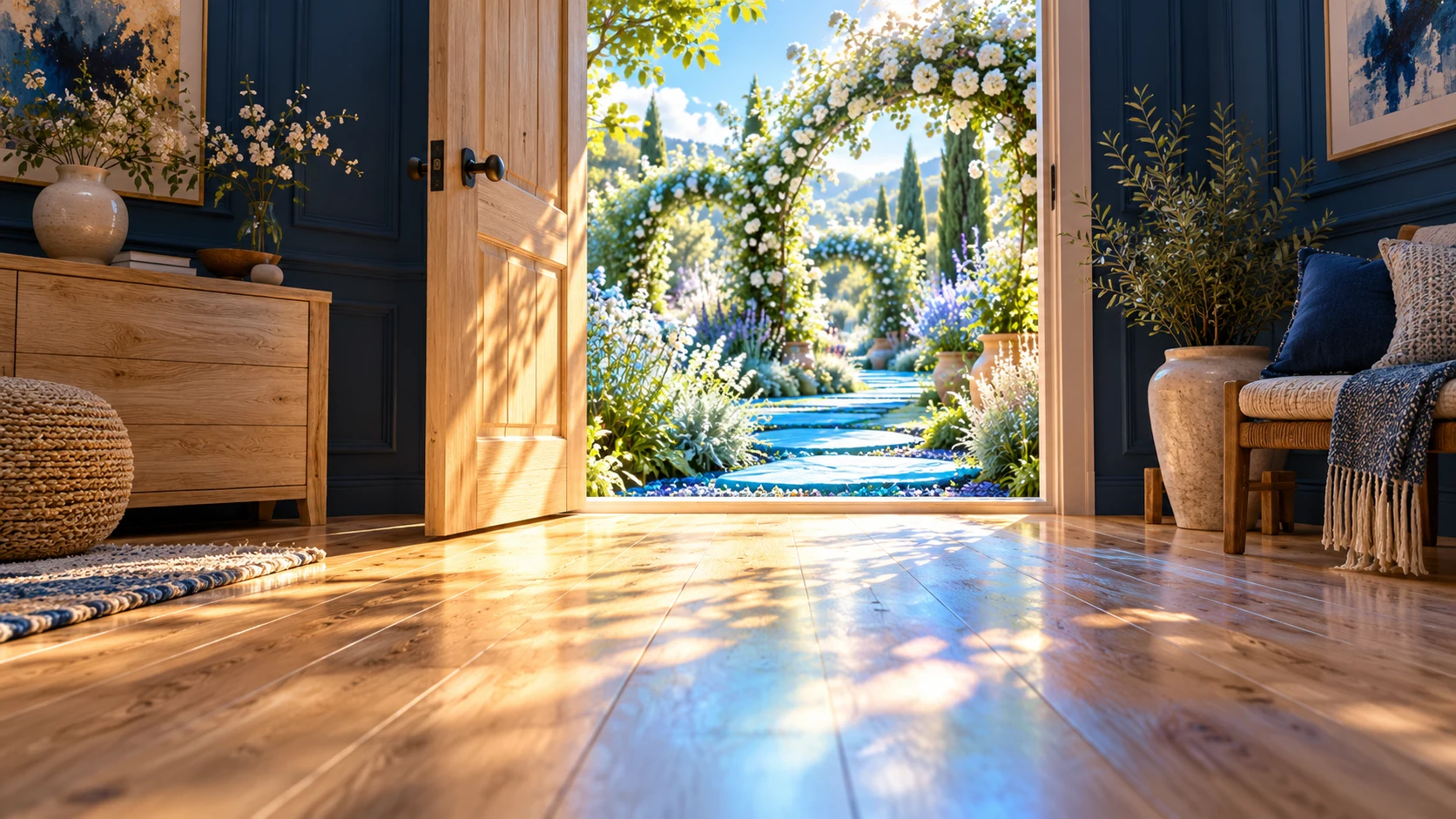An open wooden door reveals a bright blue garden path, with colorful daylight reflecting across the interior floor.